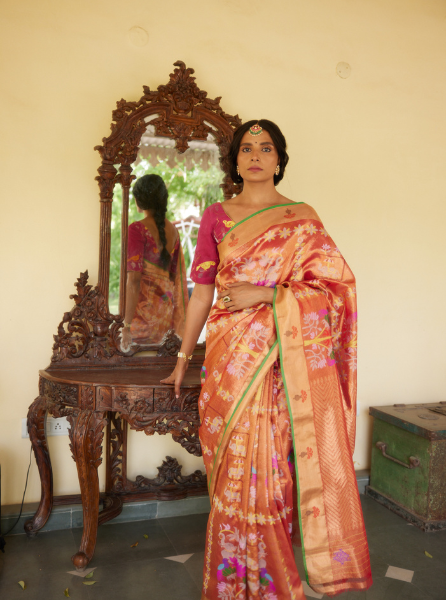 Orange  Handloom Pure Zari Kota  Saree
