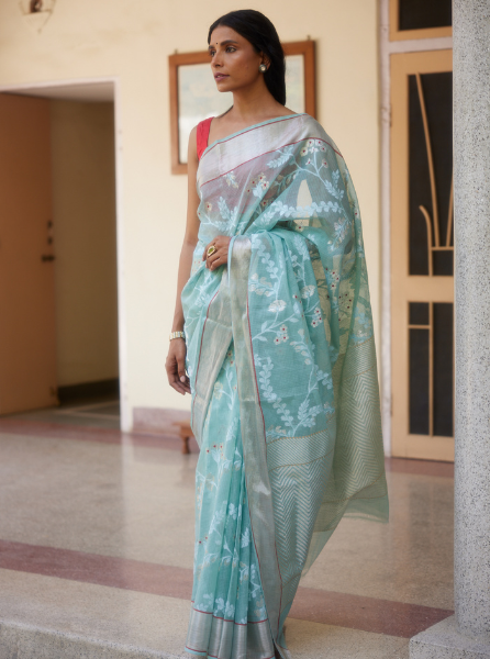 Light Blue Handloom Zari Kota Saree