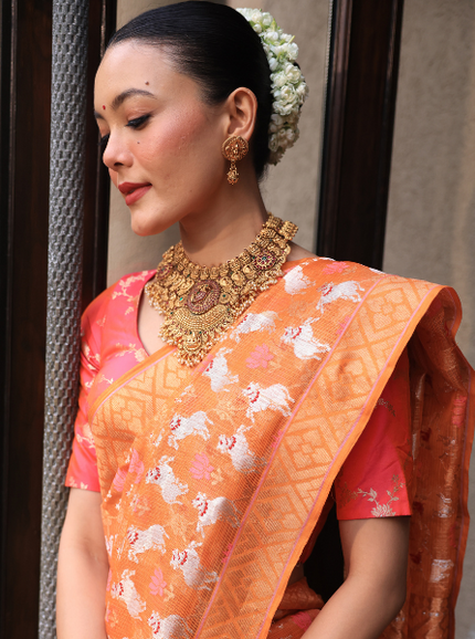 Orange Handloom Pure Zari Kota  Saree