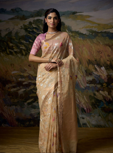 Luxury wheat handwoven Kota saree with gold and silver zari floral jaal, multicolour butterfly motifs, gold zari chevron pallu, temple border and premium festive designer craftsmanship by Sonchiraiya