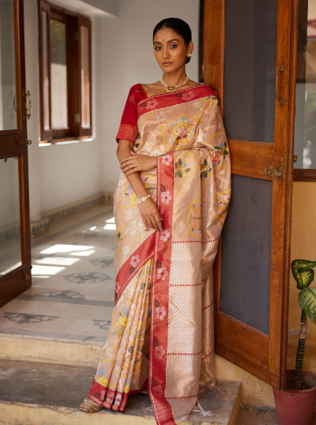 Beige Handloom Pure Zari Kota  Saree
