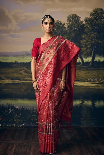 Luxury red handwoven Kota saree with silver zari geometric weave, gold zari Jamawar motifs, 14-inch Mughal Jharokha border, gold and silver zari pallu and premium festive wedding heritage designer craftsmanship by Sonchiraiya