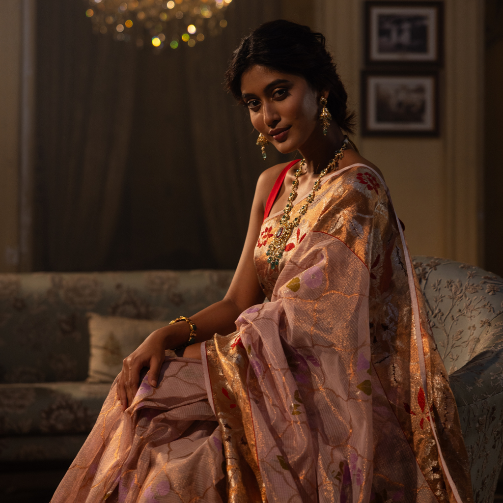 Peach Pure Real Zari Kota Handloom Saree