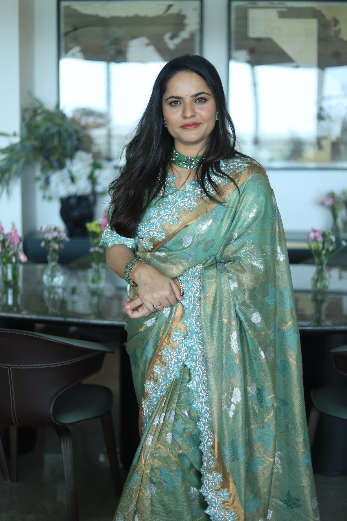 Green floral Jaal with Swarovski crystal border