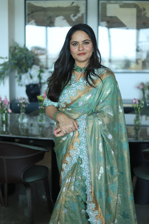 Green floral Jaal with Swarovski crystal border