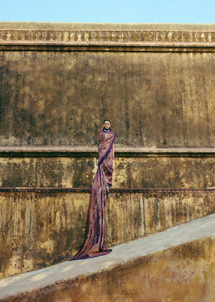 Luxury violet handwoven Kota saree with gold and silver zari half-moon Jamawar motifs, multicolour lotus pond design, diamond Jamawar pallu, geometric border and premium festive heritage designer craftsmanship by Sonchiraiya