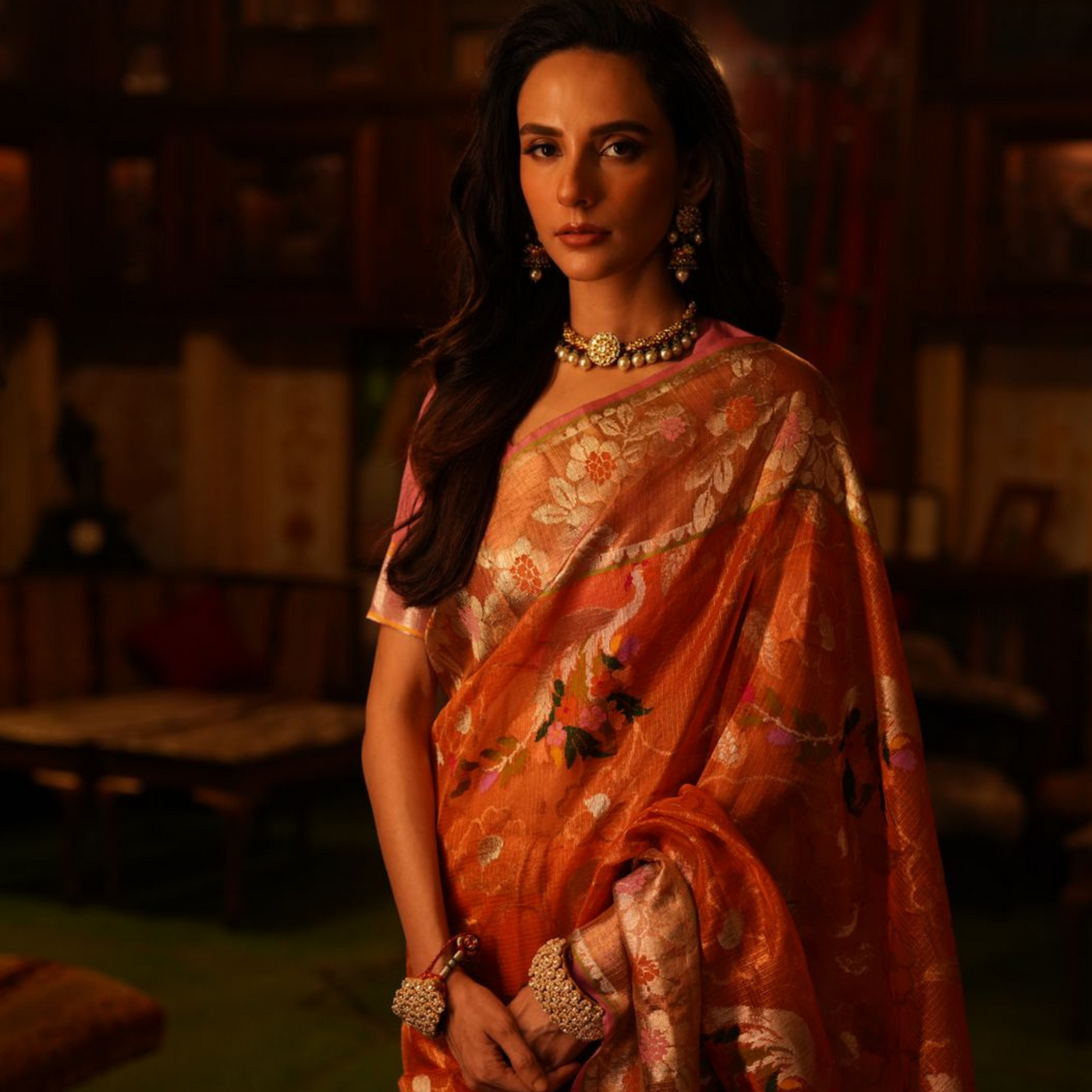 Vibrant Orange SónChiraiya zari Kota handloom saree